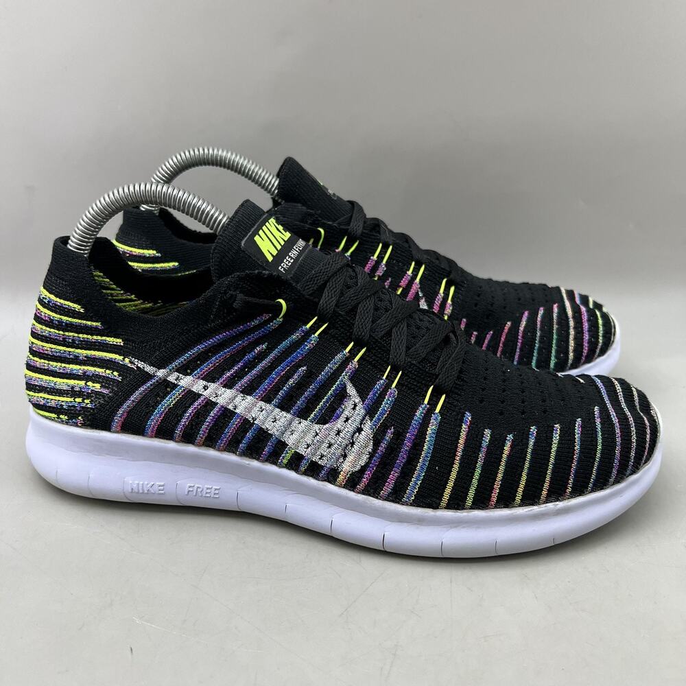 Nike Free RN Flyknit Running Shoes Women Size 9.5 Black Green Comfort Sneakers